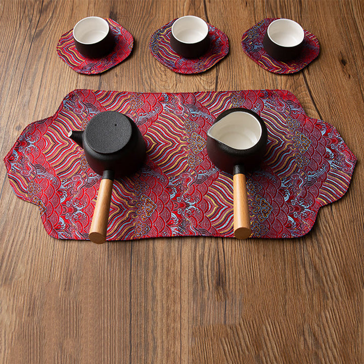 Buddha Stones Sea Wave Bamboo Plum Blossom Brocade Embroidery Cup Mat Pad Tea Cup Coaster Kung Fu Tea Mat