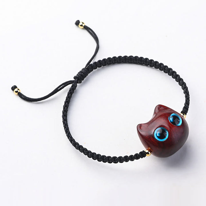 Buddha Stones Small Leaf Red Sandalwood Ebony Wood Cute Cat Head Calm Protection Braided Bracelet