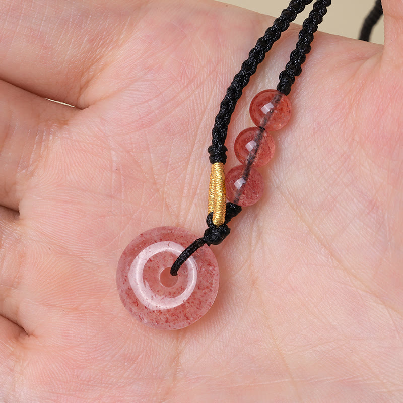 Buddha Stones Strawberry Quartz Chalcedony Peace Buckle Healing Necklace Pendant