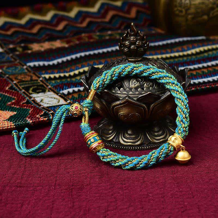 Tibetan Handmade Luck Protection Thangka Prayer Wheel Bell Charm Braid String Bracelet