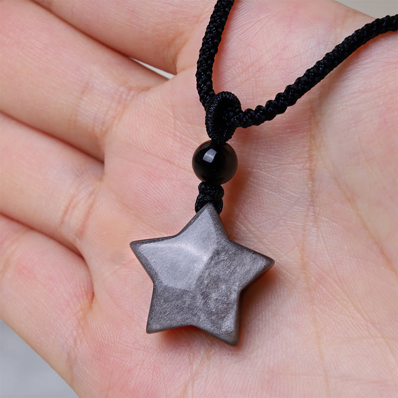 Buddha Stones Natural Silver Sheen Obsidian Star Crescent Moon Protection Necklace Pendant