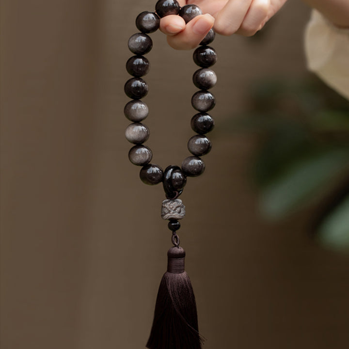 Natural Silver Sheen Obsidian Black Obsidian Lion Wrist Mala Protection Tassels Pocket Mala Car Decoration