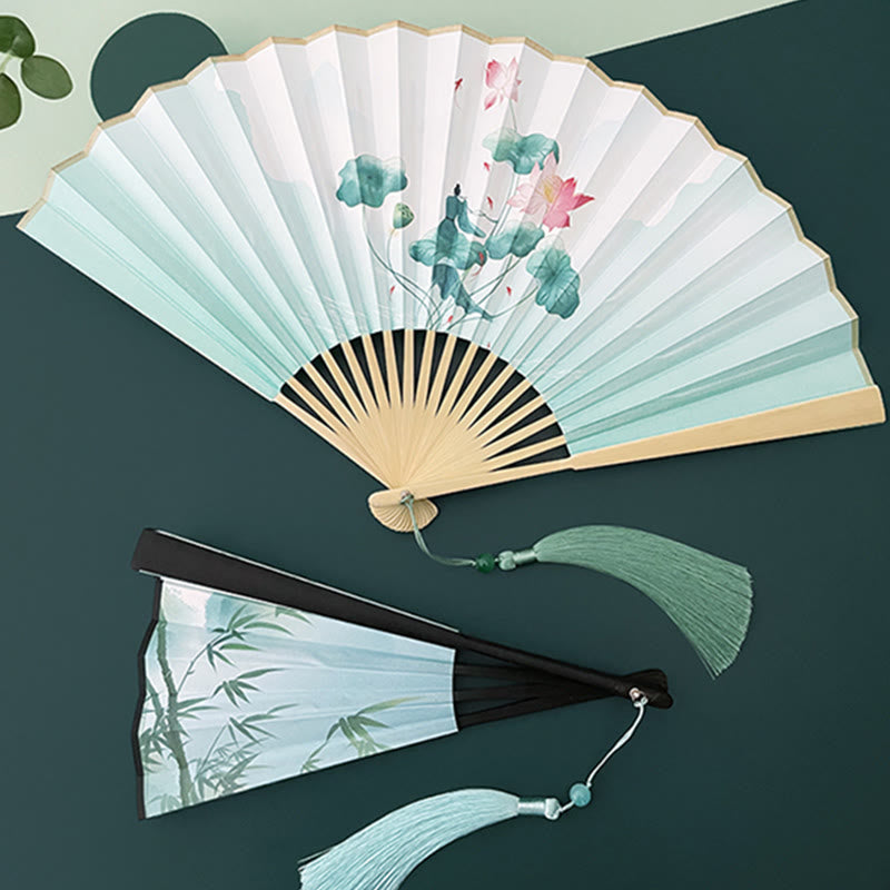 Buddha Stones Retro Lotus Flower Leaf Mountain Lake Handheld Folding Fan With Bamboo Frames