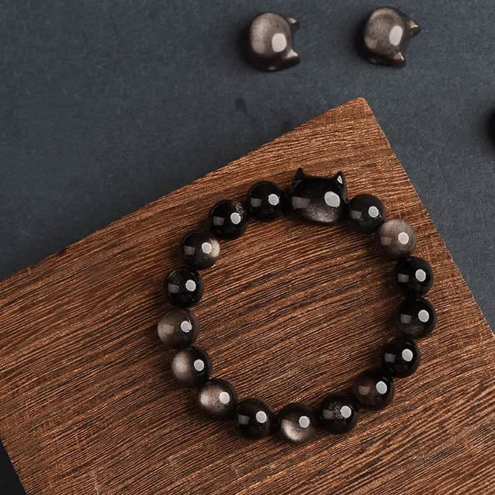 Buddha Stones Gold Sheen Obsidian Silver Sheen Obsidian Lovely Paw Lucky Cat Protection Bracelet