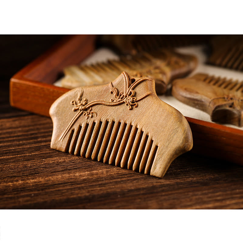 Buddha Stones Green Sandalwood Flower Pattern Engraved Soothing Comb