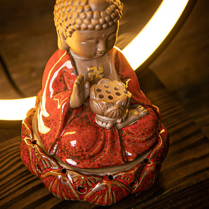 Buddha Stones Buddha Lotus Backflow Smoke Fountain Ceramic Blessing Incense Burner With Light Decoration