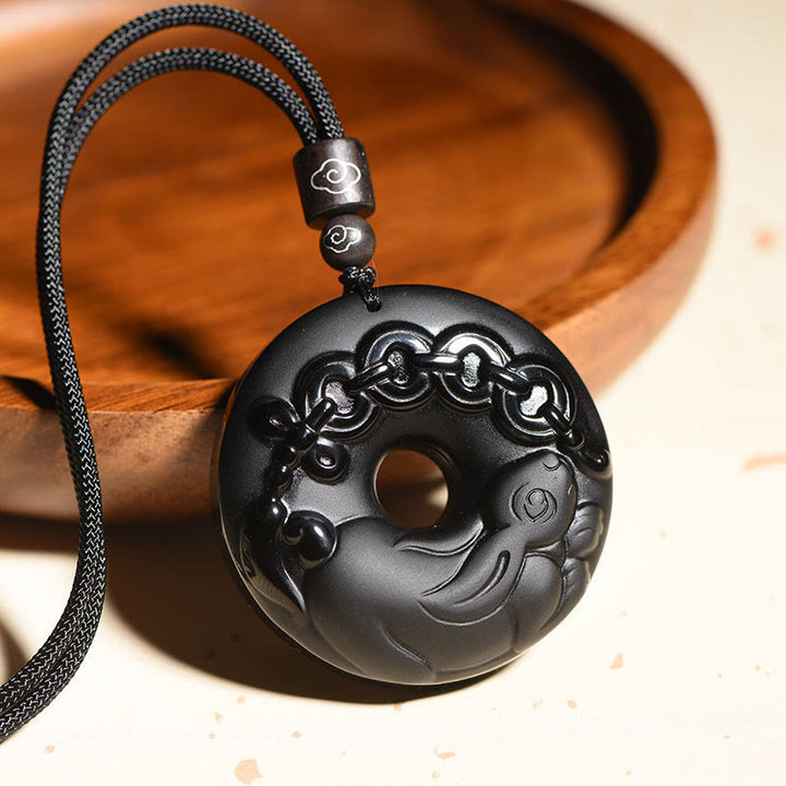 Buddha Stones Chinese Zodiac Natural Black Obsidian Peace Buckle Strength Necklace Pendant