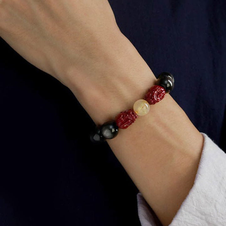 Buddha Stones Gold Sheen Obsidian PiXiu Cinnabar Om Mani Padme Hum Protection Bracelet