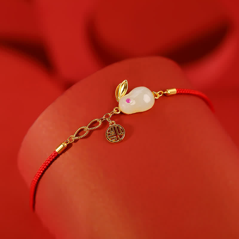 925 Sterling Silver Year of the Rabbit Hetian White Jade Luck Blessing Red String Bracelet