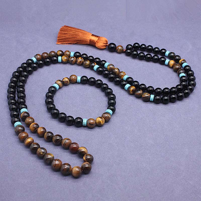 Buddha Stones Tibetan Black Onyx Peaceful Mala Set