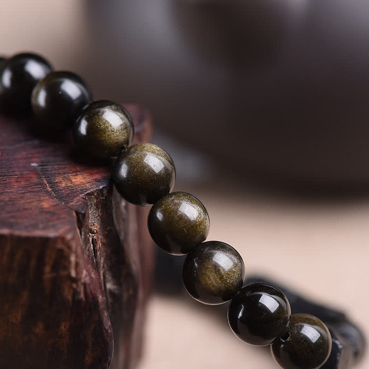 Buddha Stones  Gold Sheen Obsidian Black Tourmaline Wealth Bracelet