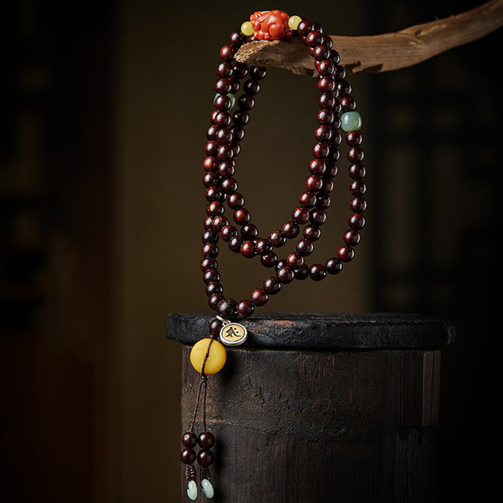 Buddha Stones Chinese Zodiac Natal Buddha 108 Mala Beads Small Leaf Red Sandalwood Red Agate PiXiu Protection Bracelet