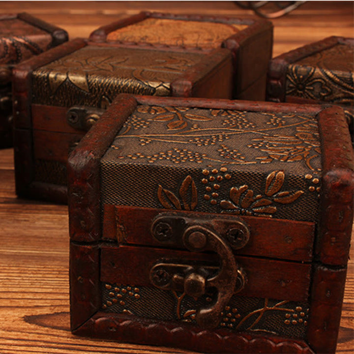 Buddha Stones Retro Small Square Wood Jewelry Box Lotus Grass Flower Grape Copper Coin Daffodil Jewelry Storage Box