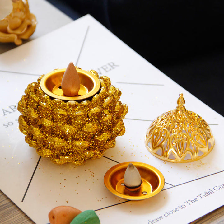 Gold Pine Cone Pattern Spiritual Rituals Mini Incense Burner Home Tabletop Decor