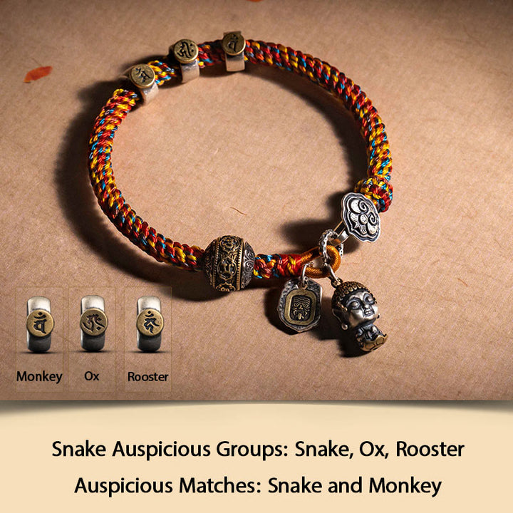 Buddha Stones Handmade Tibetan 925 Sterling Silver Chinese Zodiac Natal Buddha Zakiram Goddess of Wealth Protection Multicolored Rope Braided Bracelet