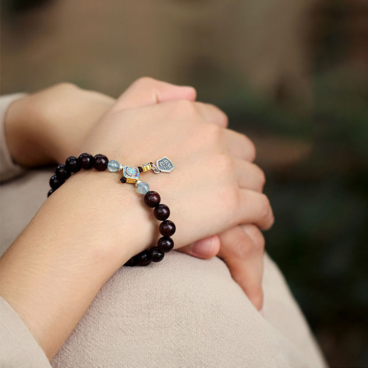 Buddha Stones 925 Sterling Silver Indian Small Leaf Red Sandalwood Aquamarine Full of Gold Star Chinese Knotting Blessing Bracelet