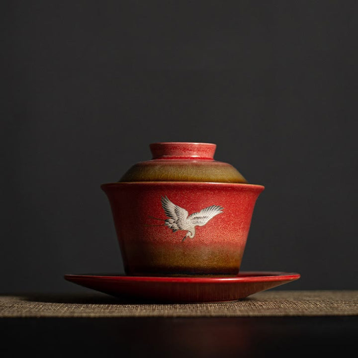 Buddha Stones Red Auspicious Crane Ceramic Gaiwan Sancai Teacup Kung Fu Tea Cup And Saucer With Lid