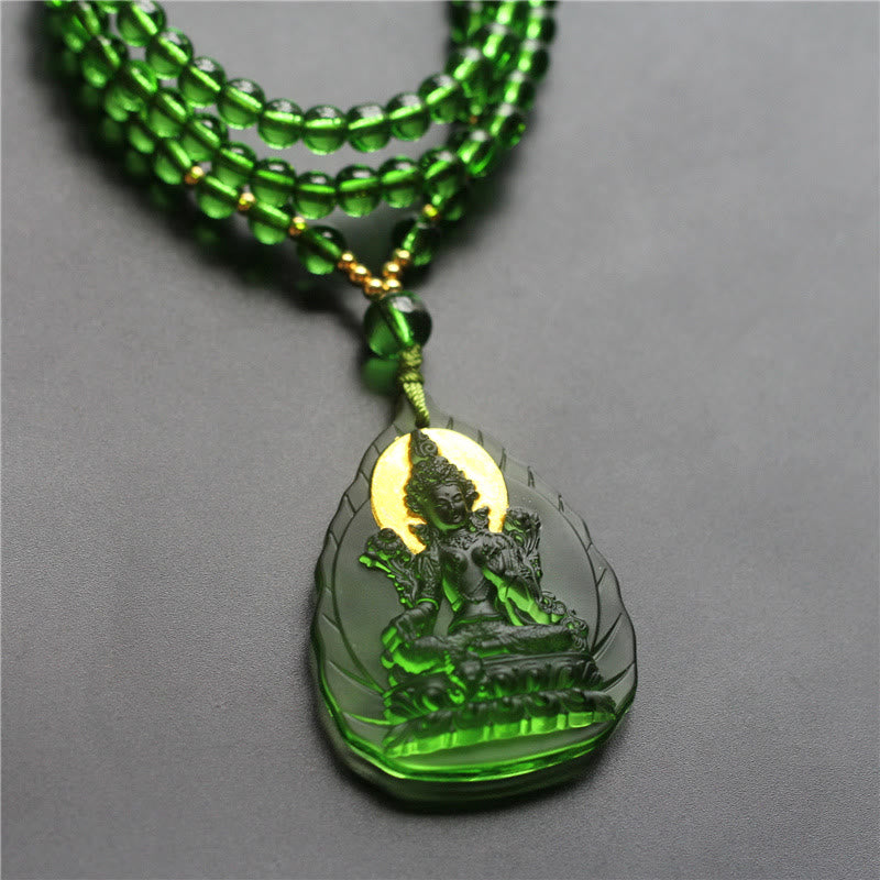 Buddha Stones Tibetan Green Tara Buddha Gold Plated Liuli Crystal Protection Necklace Pendant