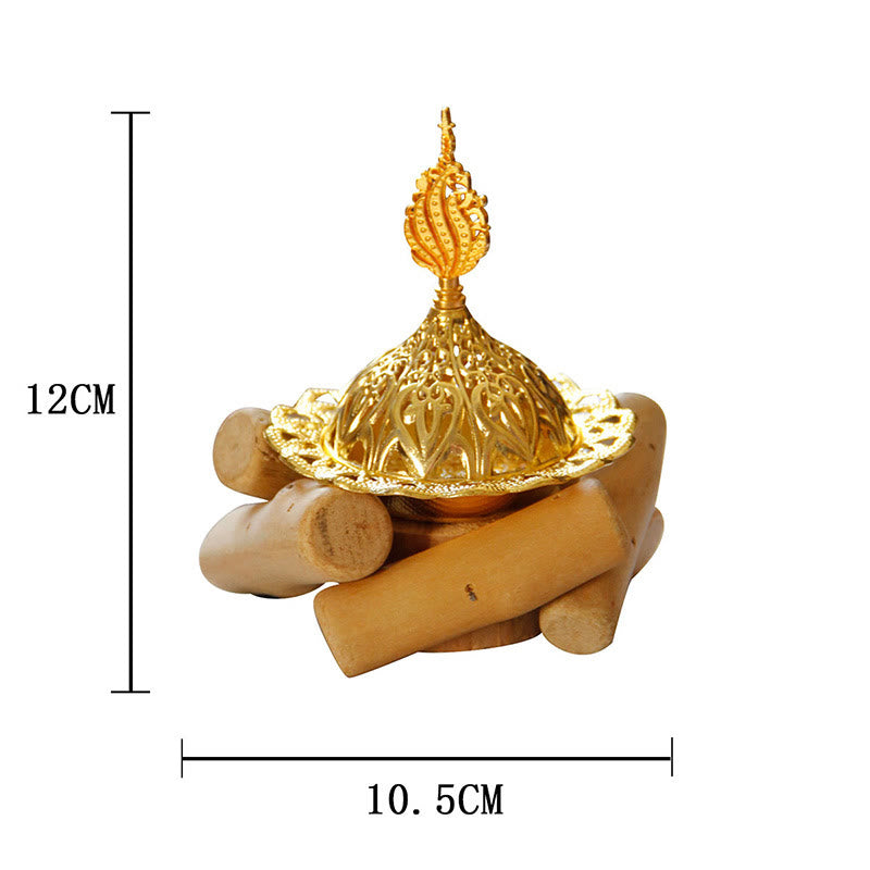 Gold Alloy Healing Mini Incense Burner With Wooden Coaster Home Decor