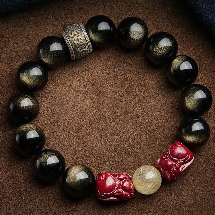 Buddha Stones Gold Sheen Obsidian PiXiu Cinnabar Om Mani Padme Hum Protection Bracelet