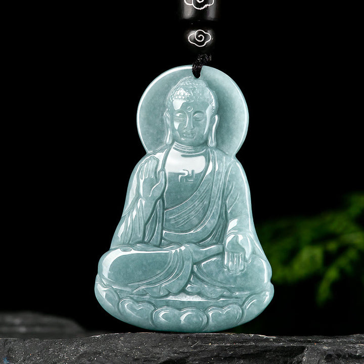 Buddha Stones Amitabha Buddha Natural Jade Lotus Amulet Compassion String Necklace Pendant