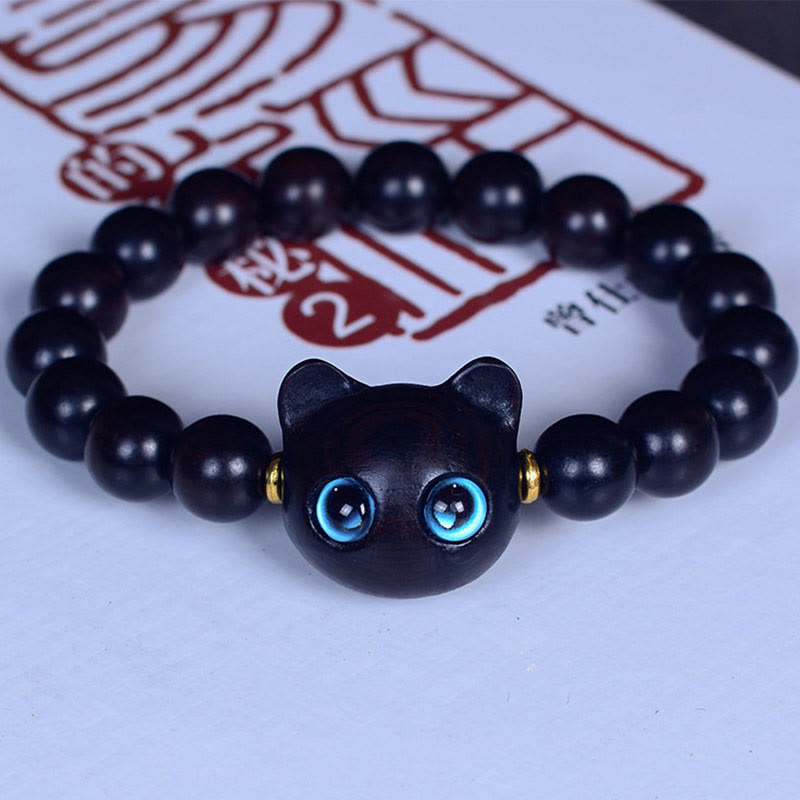 Buddha Stones Ebony Wood Liuli Glass Lovely Cat Peace Balance Bracelet