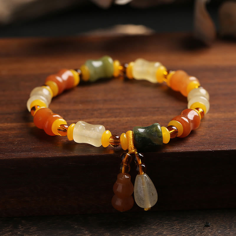 Natural Golden Silk Jade Gourd Wealth Charm Bracelet