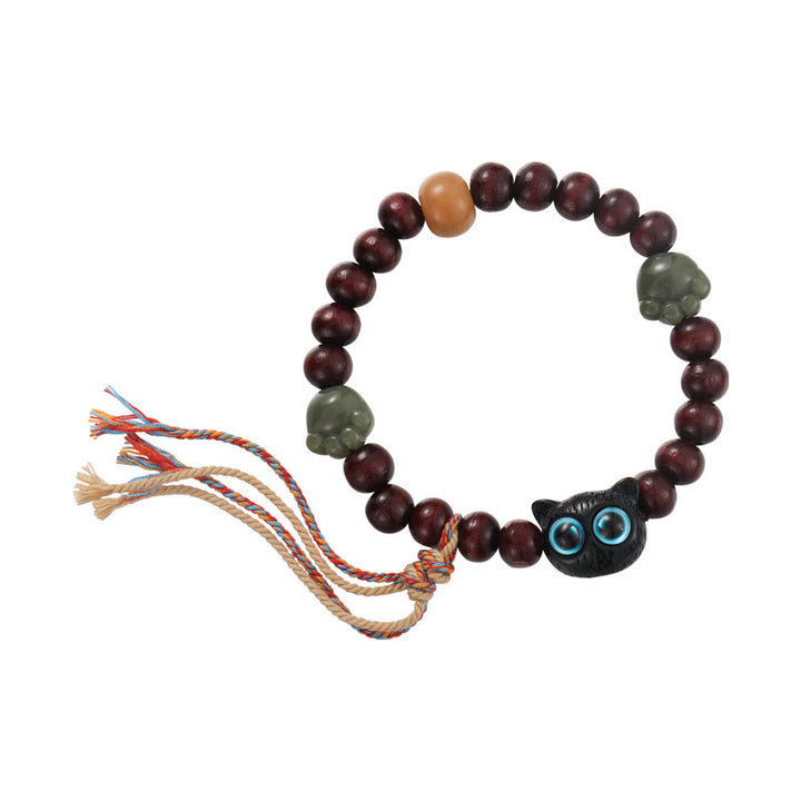 Buddha Stones Ebony Wood Lovely Cat Jade Paw Peace Tassel Wood Bracelet