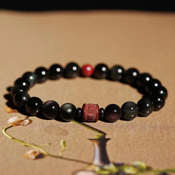 Buddha Stones Natural Gold Sheen Obsidian Rainbow Obsidian Om Mani Padme Hum Fu Character Healing Bracelet