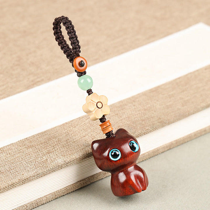 Buddha Stones Mini Small Leaf Red Sandalwood Ebony Wood Lucky Cat Lovely Kitty Peace Key Chain Phone Hanging Decoration