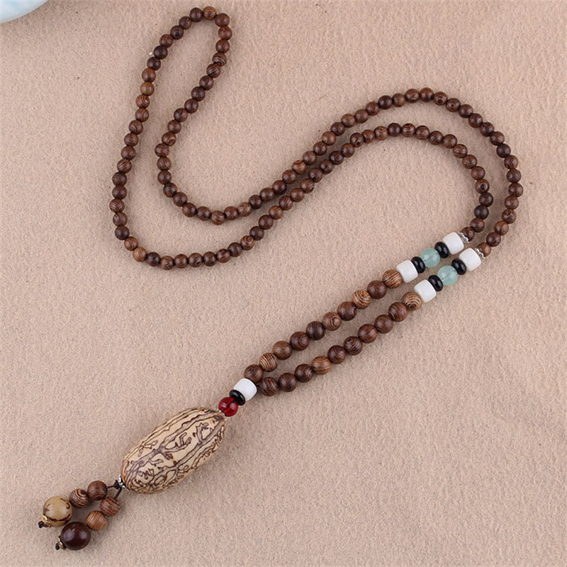 Buddha Stones Tibetan Wenge Wood Bodhi Seed Agate Elephant Protection Necklace Pendant