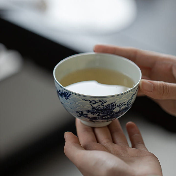 Buddha Stones Blue Dragon Design Ceramic Teacup Kung Fu Tea Cups