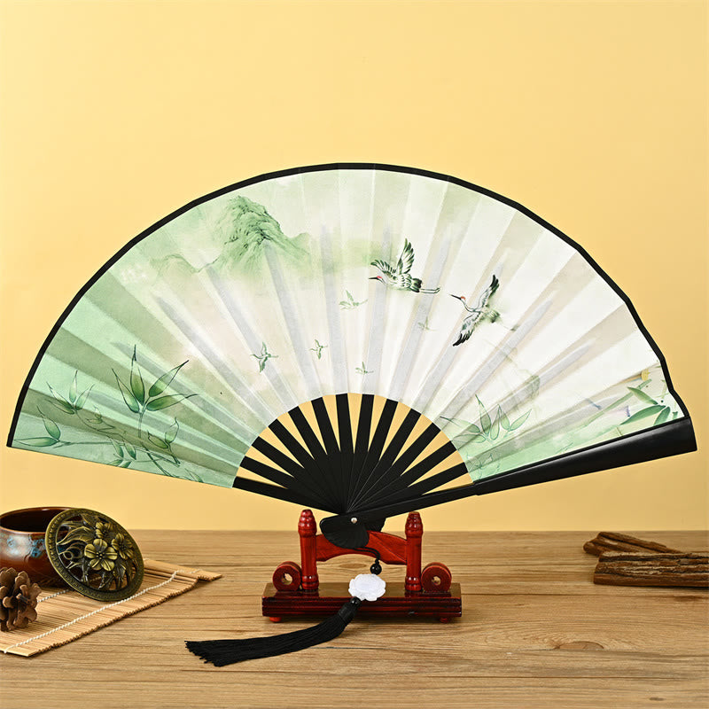 Buddha Stones Vintage Phoenix Nine-Tailed Fox Flower Bamboo Tiger Handheld Folding Fan Lotus Tassel Fan