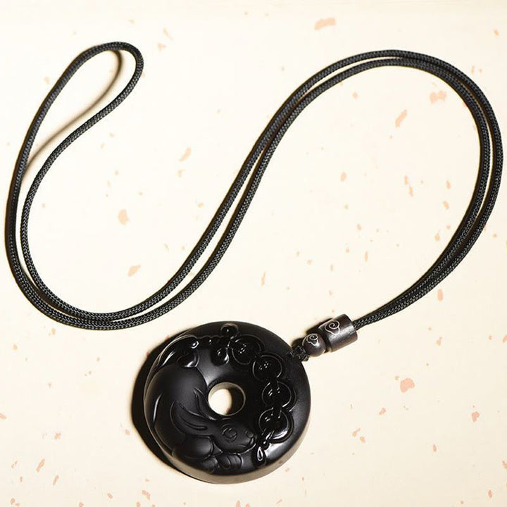 Buddha Stones Chinese Zodiac Natural Black Obsidian Peace Buckle Strength Necklace Pendant