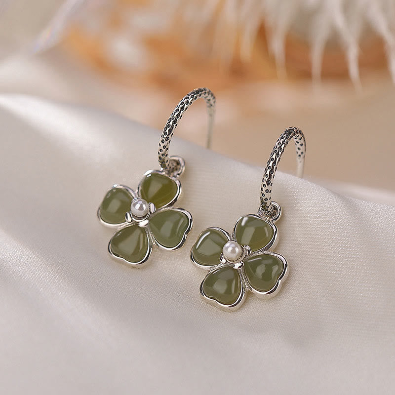 Buddha Stones 925 Sterling Silver Natural Cyan Jade Four Leaf Clover Luck Success Earrings