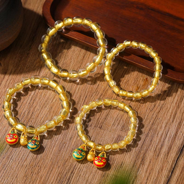 Buddha Stones Gold Swallowing Beast Family Charm Gold Foil Liuli Glass Bead Fortune Bracelet