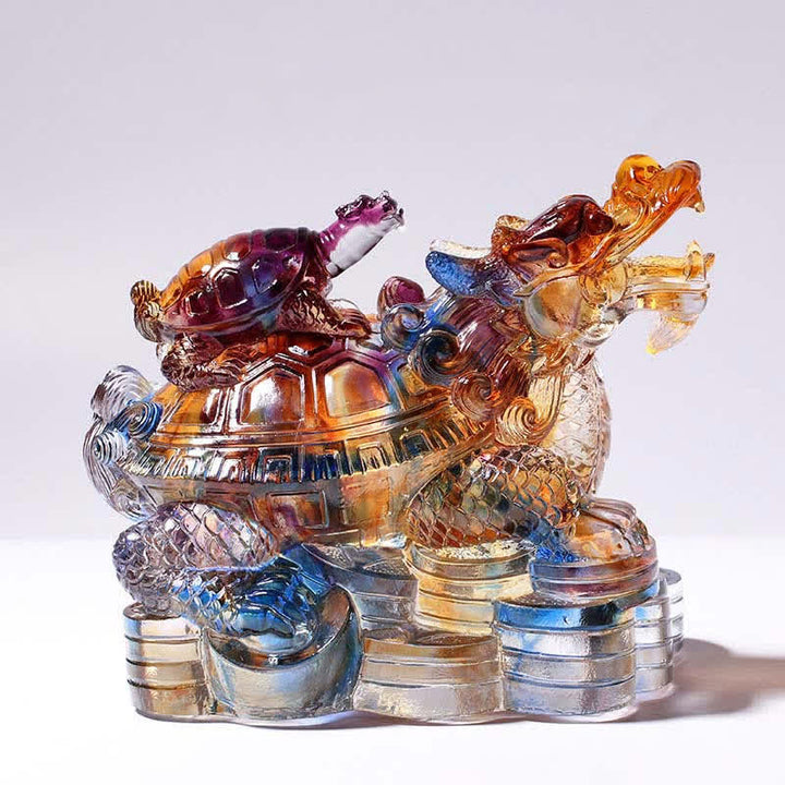 Feng Shui Dragon Turtles Handmade Liuli Crystal Art Piece Protection Home Office Decoration