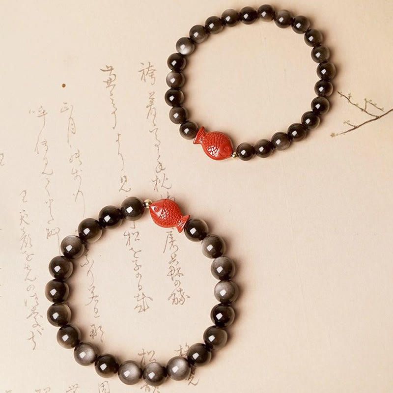 Buddha Stones Natural Silver Sheen Obsidian Cinnabar Koi Fish Soothing Protection Bracelet