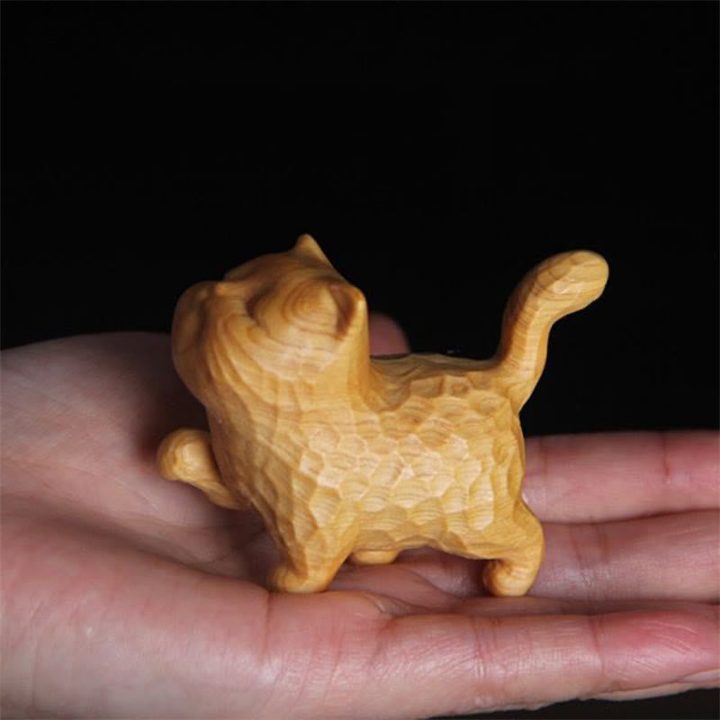 Buddha Stones Mini Thuja Sutchuenensis Boxwood Cute Cat Kitten Carved Prosperity Decoration