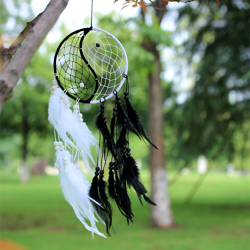 Yin Yang  Dream Catcher Circular Net with Feathers Balance Decoration