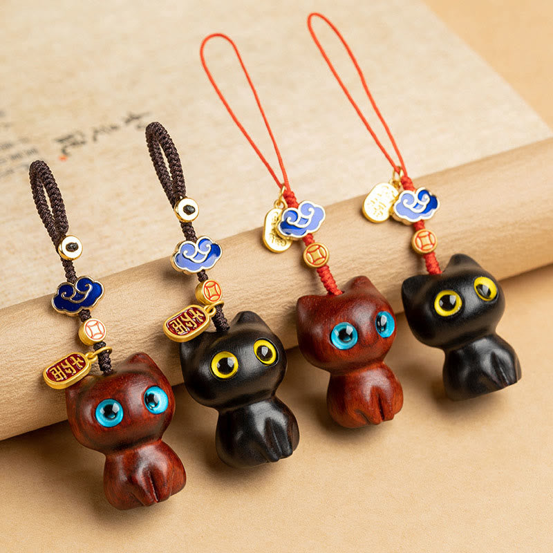 Buddha Stones Small Leaf Red Sandalwood Ebony Wood Lucky Cat Protection Key Chain Phone Hanging Decoration