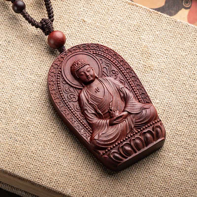 Chinese Zodiac Natal Buddha Small Leaf Red Sandalwood Lotus Protection Necklace Pendant