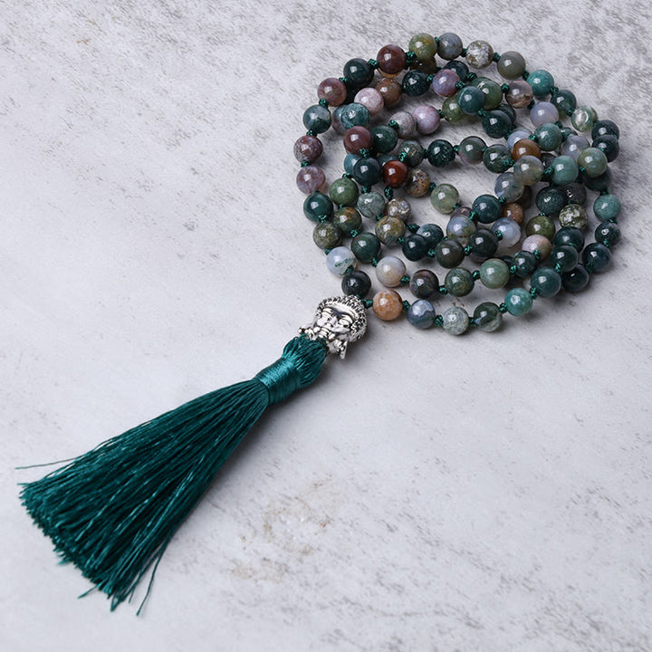 Buddha Stones 108 Mala Beads Indian Agate Buddha Head Cleansing Bracelet