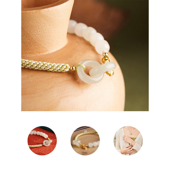 Buddha Stones Natural Hetian Jade Bead Double Peace Buckle Fu Character Abundance Braided Bracelet