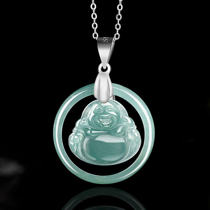 Buddha Stones 925 Sterling Silver Natural Jade Round Laughing Buddha Abundance Chain Necklace Pendant