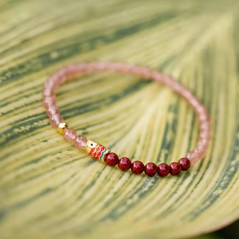 Buddha Stones Natural Strawberry Quartz Cinnabar Lucky Koi Fish Healing Bracelet