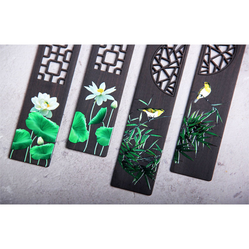 Buddha Stones Green Lotus Bamboo Oriole Ebony Wood Bookmarks With Gift Box