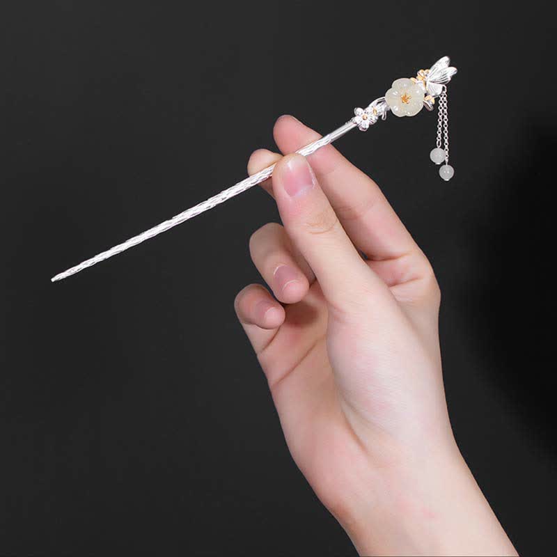 925 Sterling Silver Hetian White Jade Flower Blessing Hairpin