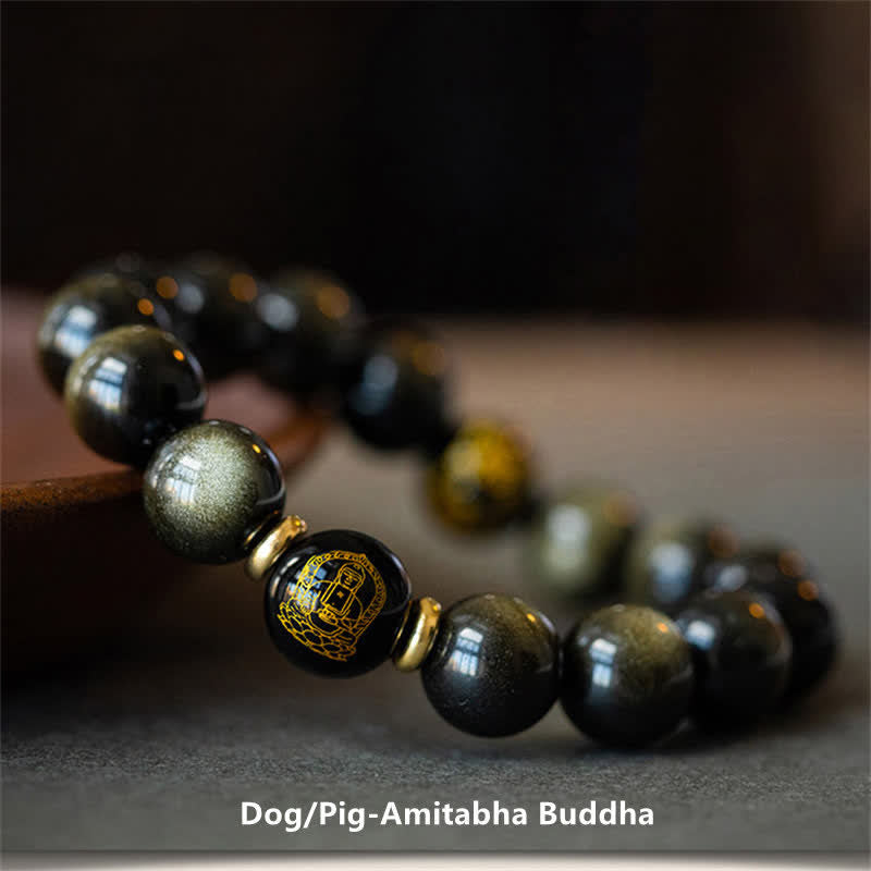 Chinese Zodiac Natal Buddha Gold Sheen Obsidian Wealth Protection Bracelet