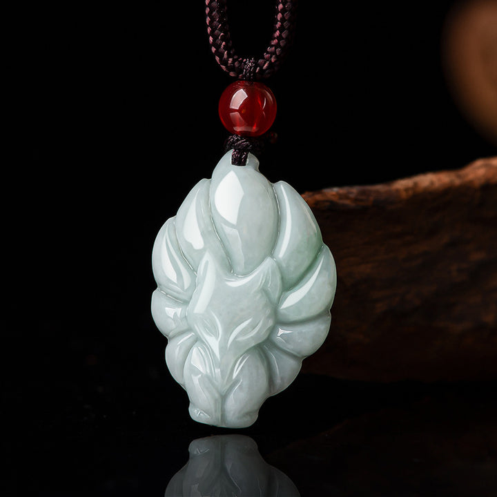 Buddha Stones Natural Jade Nine Tailed Fox Luck Prosperity Necklace Pendant